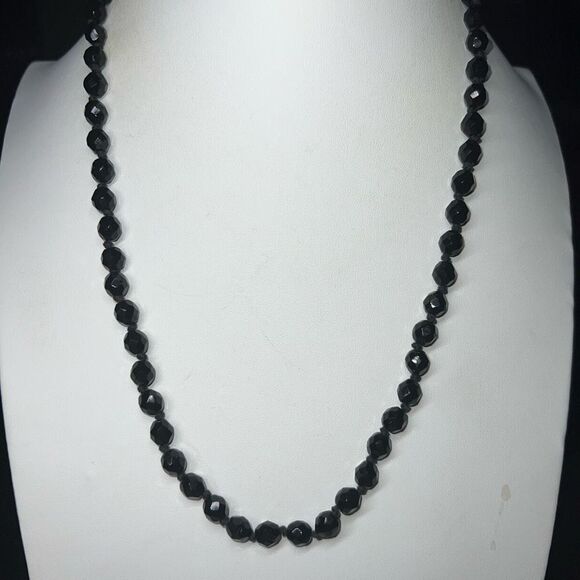 Vintage Jewelry - Vintage Hand Strung Black Glass Faceted Bead Necklace with Barrel Fastener